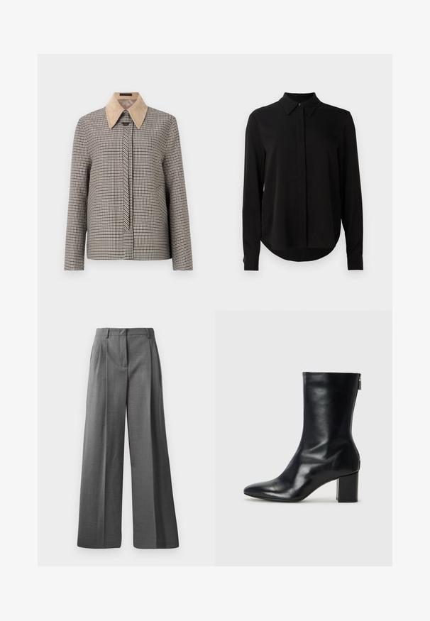 Kockás gombos ing bézs kordbársony gallérral. Hosszú ujjakkal, elöl gombolással és texturált szövetmintával rendelkezik.; Fekete hosszú ujjú blúz hegyes gallérral, rejtett gombsorttal és ívelt aljjal egy sima fehér háttér előtt.; Szürke, széles lábú nadrág texturált anyagból, finom mintával. Elöl redőkkel és övlyukakkal ellátott derékkal rendelkezik.; Fekete bőr bokacipő hegyes orral és 4 cm-es blokkfallal. Simán díszített designja oldalra nyíló cipzárral rendelkezik, ami megkönnyíti a felvételt. Simább textúrával.