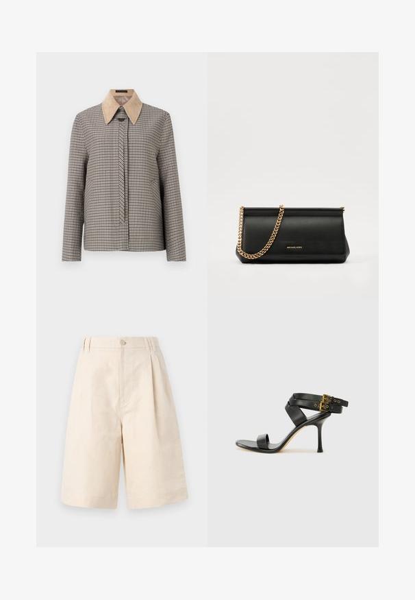 Čtvercová košile na knoflíky s béžovým kordovým límcem. Má dlouhé rukávy, přední légu a strukturovaný vzor látky.; Bílý žebrovaný tričko s krátkým rukávem a kulatým výstřihem. Tkanina vypadá hladce a má těsný siluetu. Značkový štítek je viditelný na límci.; Béžové lněné šortky s uvolněným střihem, opatřené zapínáním na knoflíky, plisovaným designem a délka ke kolenům. Hladká textura a jednoduchý styl.; Černé sandály na podpatku s kříženými popruhy a nastavitelnou sponou. Mají hladký povrch a špičatý stiletto podpatek.; Černá kožená psaníčko s zlatým řetízkem, vyznačující se hladkým povrchem, obdélníkovým tvarem a reliéfním logem na přední straně.