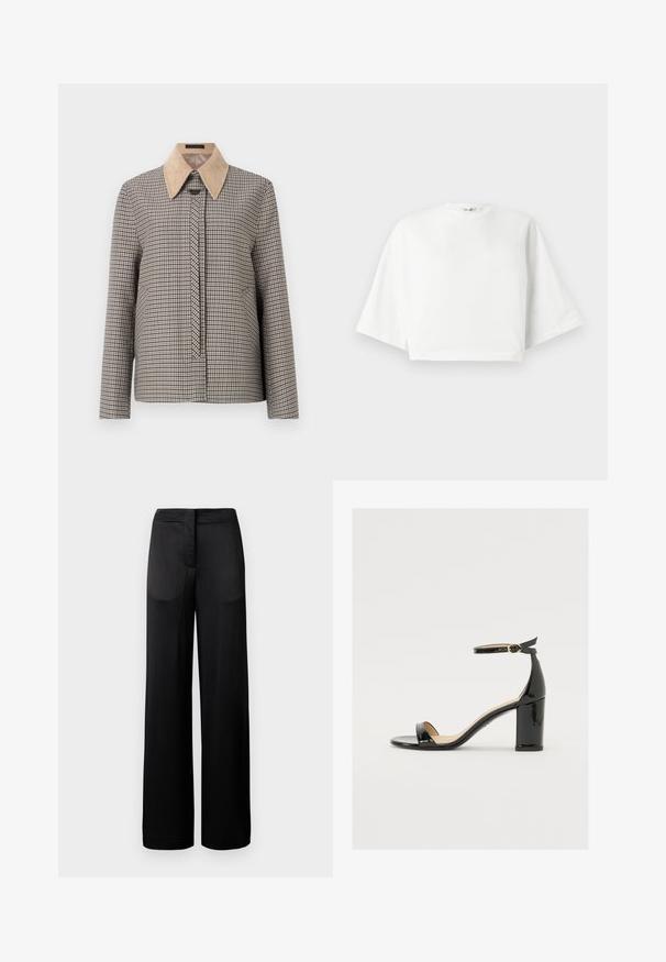 Käbalikuga särk beeži sametkaelusega. Omab pikki varrukaid, esist pliseerimist ja tekstuurset kangamustrit.; Valge lühikese varrukaga, lõdva istumisega, lühike t-särk, ümar kaelus ja küljetagused, valmistatud pehmest puuvillast materjalist.; Laiad mustad püksid tekstureeritud pinnaga, millel on lame vöökoht ja kaks kül pocketit. Kangas näib kergena ja voolavana.; Must musta nahk sandaalid laia kanna, avatud varvaste ja ankletihaga, millel on kuldne pandla. Sile tekstuur ja elegantne disain.