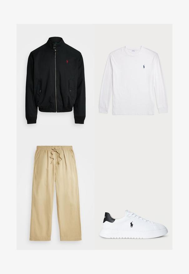 Μαύρο bomber jacket με ψηλό λαιμό, μπροστινό φερμουάρ, δύο πλάγιες τσέπες, ριμπ μανσέτες και ένα μικρό κόκκινο λογότυπο στο στήθος. Λείο υλικό.; Λευκό μπλουζάκι μακρυμάνικο από βαμβάκι. Διαθέτει στρογγυλή λαιμόκοψη, ριμπ μανσέτες και μικρό λογότυπο στη ναυτική μπλε απόχρωση στην αριστερή πλευρά του στήθους.; Μπεζ παντελόνι με κορδόνι στη μέση, ελαστική μέση, φαρδιά πόδια, δύο πλευρικές τσέπες και ραμμένες λεπτομέρειες στο στρίφωμα. Μάλακο, ελαφρύ ύφασμα.; Λευκό χαμηλό αθλητικό παπούτσι με μαύρη ταμπέλα στην πτέρνα και μαύρο λογότυπο Polo Ralph Lauren στο πλάι, με λευκές κορδόνες και χοντρή καουτσούκ σόλα.