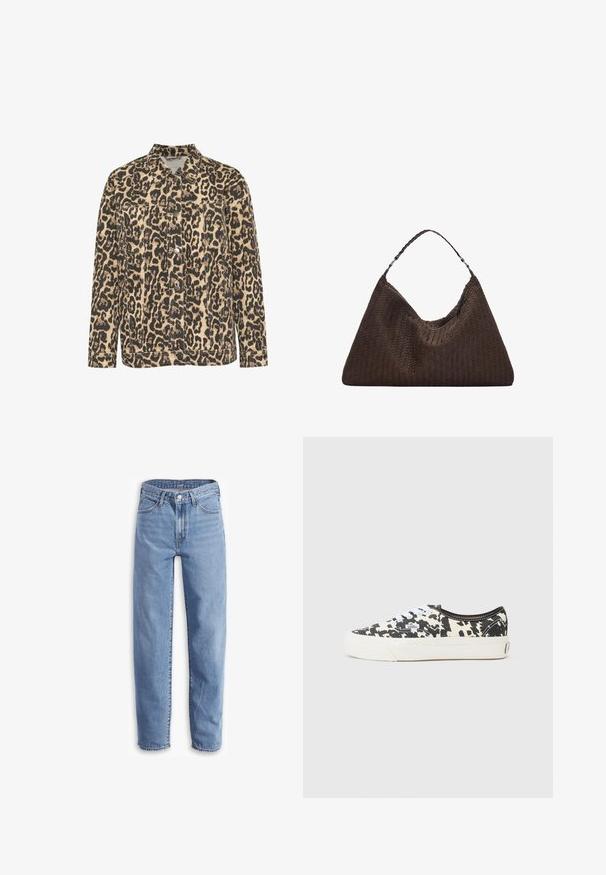 Denim jakna z leopardjim vzorcem, s ovratnikom, sprednjim zapiranjem na gumbe, dvema žepoma na prsih in šivanjem na bež ozadju.; Krema pletena jopica s kabelskim vzorcem in besedo "REBEL" v črni barvi na sprednji strani. Skrajšana dolžina s rebrastimi manšetami.; Svetlo modri traper hlače, sproščenega kroja, ravne nogavice, z načrtovanjem petih žepov in raztrganimi robovi za sproščen videz.; Črno-bele platnene superge s designom kravjega odtisa, belimi vezalkami in belim gumijastim podplatom. Ima oznako logotipa na strani.; Rjava tkana usnjena torbica s sproščenim, trikotnim oblikovanjem. Ima pleten ročaj in zadrgo na vrhu.