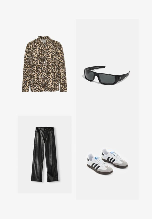 Jachetă din denim cu imprimeu leopard, cu guler, închidere frontală cu nasturi, două buzunare pe piept și detalii cusute, pe un fond bej.; Două bluze cu mâneci lungi: una neagră și una albă. Ambele au un guler rotund și o textură netedă, cu fapte. Eticheta brandului este vizibilă în interiorul gulerului.; Pantaloni din piele neagră, cu croială largă, având o textură lucioasă, dotati cu două buzunare frontale, închidere cu nasture și detalii de cusătură vizibile.; Încălțăminte sport cu un superior din piele albă, vârf din suede gri și trei dungi negre. Prezintă un logo albastru pe limbă și o talpă din cauciuc texturat.; Ochelari de soare negri cu rame dreptunghiulare, lentile gri închis și un finisaj din plastic neted. Accent de logo notabil pe lateral.; Geantă de umăr din nailon negru, cu o formă curbată, accent din lanț argintiu, pouch mini detașabil și curea reglabilă; prezintă logo-ul "Steve Madden".