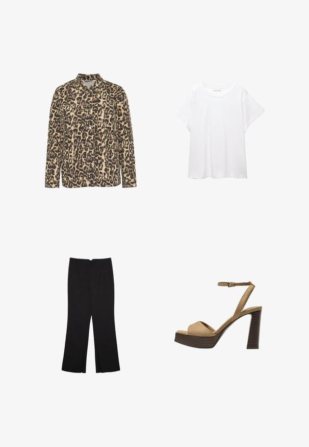 Giacca di jeans con stampa leopardata, colletto, chiusura frontale a bottoni, due tasche sul petto e dettagli cuciti su uno sfondo beige.; T-shirt bianco realizzato in un tessuto morbido e leggero. Presenta un collo rotondo e maniche corte e larghe con vestibilità morbida. Nessun motivo visibile.; Pantaloni neri a gamba dritta, con tasche frontali e spacchi laterali all'orlo. Realizzati in tessuto morbido e liscio. Adatti a diverse occasioni.; Sandali con tacco alto in suede beige, con una larga fascetta anteriore e una fascetta alla caviglia, dotati di un tacco blocco in legno spesso con una finitura testurizzata.