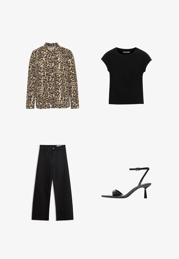 Spijkerjack met luipaardprint, kraag, knoopsluiting aan de voorkant, twee borstzakken en geborduurde details op een beige achtergrond.; Zwarte korte mouwen t-shirt gemaakt van zachte stof, met een ronde halslijn en een ontspannen pasvorm, met een gladde textuur en zonder patronen.; Zwarte denim broek met wijde pijpen en een hoge taille, voorzien van voor- en achterzakken, gestikte naden en een knoopsluiting. Gladde textuur.; Bershka Sandalen met hoge hak - black