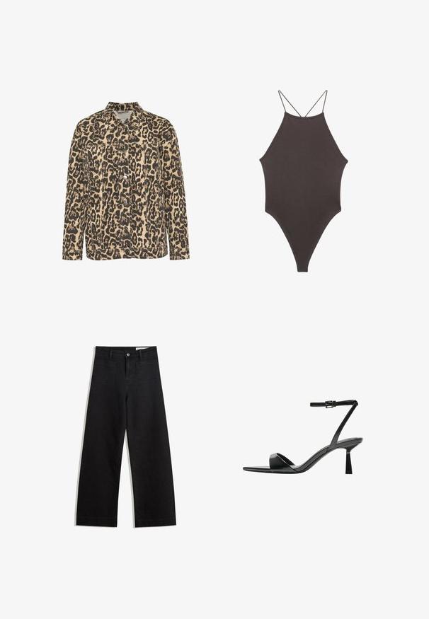 Leopard print denim jacket with a collar, front button closure, two chest pockets, and stitched detailing on a beige background.; Brown, high-neck one-piece swimsuit with thin, adjustable straps; features a high-cut leg and smooth texture. No patterns or embellishments.; Black wide-leg denim pants with a high waist, featuring front and back pockets, stitched seams, and a button closure. Smooth texture.; Bershka High heeled sandals - black