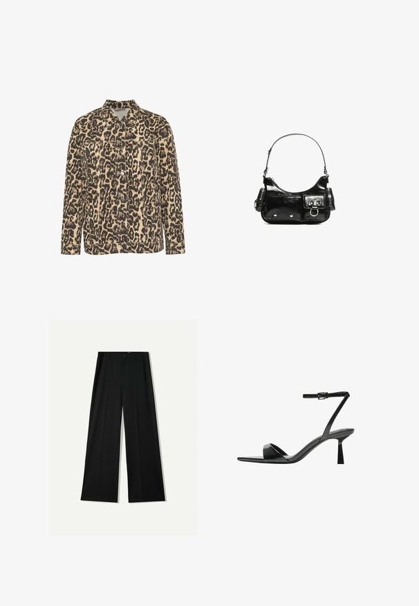 Giacca di jeans con stampa leopardata, colletto, chiusura frontale a bottoni, due tasche sul petto e dettagli cuciti su uno sfondo beige.; Canotta nera in cotone, caratterizzata da un colletto rotondo e ampi giromanica. Texture liscia con orli cuciti. Design classico e minimalista.; Bershka WIDE - Pantaloni - black; Bershka Sandali con tacco - black; Borsa a spalla in vernice nera con forma curvata, una tracolla, tasche frontali e dettagli in metallo argentato.