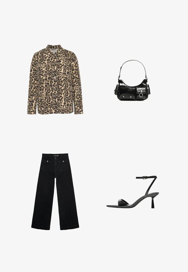 Leopard print denim jacket with a collar, front button closure, two chest pockets, and stitched detailing on a beige background.; Black long-sleeve cropped top with round neckline, plain design, and a slightly curved hem.; Black wide-leg jeans with a high waist, featuring two front pockets and metal button accents. The fabric has a smooth texture.; Bershka High heeled sandals - black; Black patent leather handbag with a curved shape, one shoulder strap, front pockets, and silver-tone hardware accents.