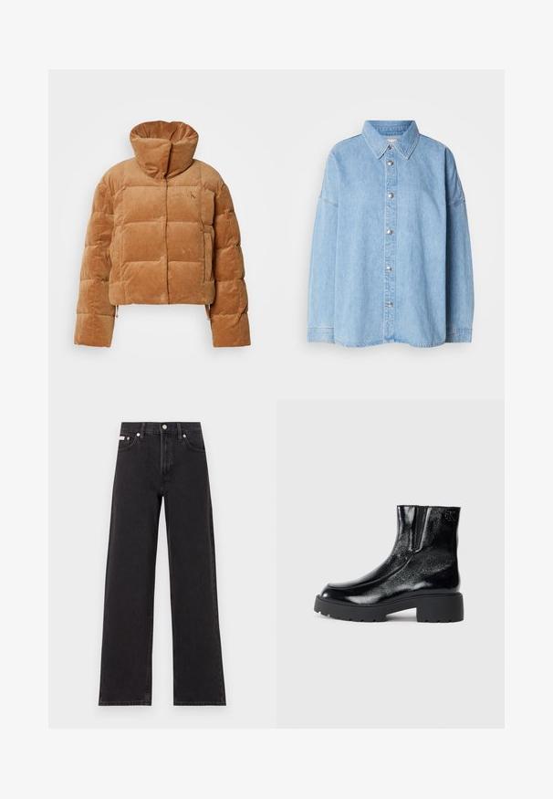 Brązowa puchowa kurtka z korduroy z wysokim kołnierzem, charakteryzująca się pudrowym krojem, zapięciem na guziki oraz prążkowaną teksturą. Na piersi znajduje się wytłoczone logo.; Jasnoniebieska koszula dżinsowa z guzikami z przodu, rozkładanym kołnierzem i długimi rękawami, z metalowymi guzikami i luźnym krojem.; Czarne dżinsy o szerokich nogawkach, wykonane z denimu, z wysokim stanem, pięcioma kieszeniami oraz metalowym zapięciem z kontrastowym szwem.; Czarne botki sięgające kostki o błyszczące wykończenie z lakierowanej skóry, masywna czarna gumowa podeszwa i podwyższony obcas; zawierają subtelny detal z logo z boku.