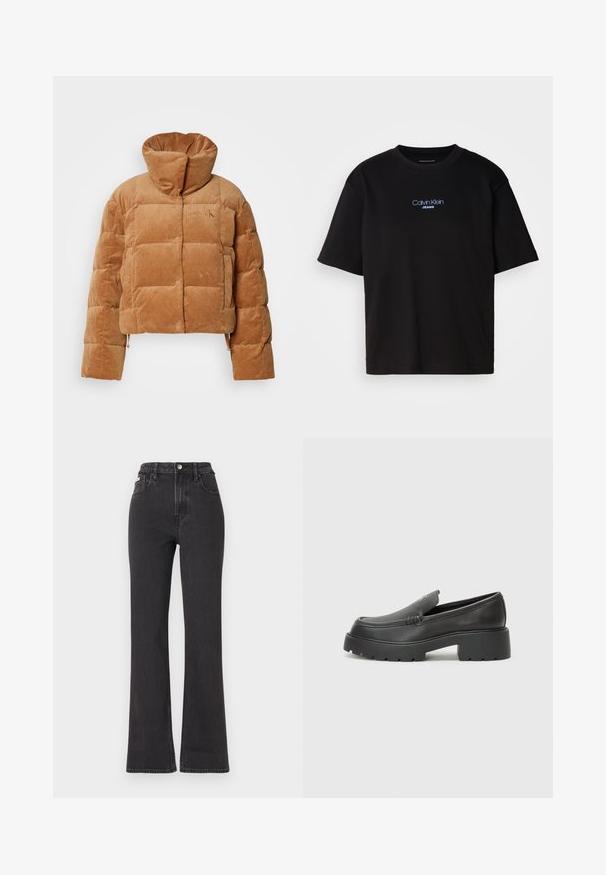 Pruun nõelatud puffjakker kõrge kaelusega, millel on kastikujuline disain, nupuga esipaneel ja soonikkoes pinnatäide. Rinna kohal on kõrvale pressitud märk.; Mustmust särk ümmarguse kaelusega, lühikeste varrukatega ja sinise tikandiga "Calvin Klein JEANS" logo ees.; Mustad kõrge vöökohaga laienevad teksapüksid, mis on valmistatud denimist, varustatud nööbiga kinnitamise, vöörihmade ja küljetaskutega. Sile tekstuur minimaalse pleekimisega.; Mustad nahast loafers ümarate varvastega, paksu tekstuuriga tald ja minimaalsete õmbluse detailidega. Viimistletud disain, kus pole nähtavaid paelu ega riistu.
