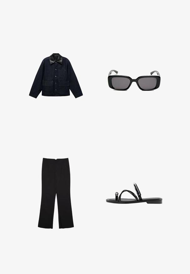 Veste en denim foncé avec un col en cuir noir, dotée de fermetures à pression à l'avant, de deux grandes poches avant et d'une poche poitrine.; Haut noir à manches courtes en tissu lisse ; il présente un col drapé et un ourlet asymétrique, avec un corps ajusté.; Pantalon noir avec une coupe droite, doté de poches avant et d'éclairs sur l'ourlet. Fabriqué en tissu doux et lisse. Convient à diverses occasions.; Sandales noires plates avec une finition brillante, trois fines lanières et un détail en métal circulaire au niveau des orteils. Design épuré avec un talon minimal.; Lunettes de soleil noires rectangulaires avec des verres foncés, monture en plastique lisse et branches courbées. Le design est épais avec une esthétique minimaliste.