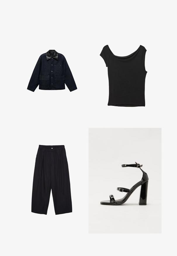 Dunkelblaue Jeansjacke mit schwarzen Lederkragen, ausgestattet mit vorderen Druckknopfverschluss, zwei großen vorderen Taschen und einer Brusttasche.; Schwarzes Kurzarmoberteil aus glattem Stoff; hat einen drapierten Ausschnitt und einen asymmetrischen Saum, mit einem figurbetonten Körper.; Schwarze Polyester-Culotte mit einem elastischen Bund, zwei vorderen Falten und einer lockeren Silhouette. Keine sichtbaren Muster oder Hardware-Details.; Schwarze patentierte Sandalen mit Absatz, quadratischer Spitze, Knöchelriemen und silbernen Schnallen. Mit einem stabilen Blockabsatz für mehr Stabilität.
