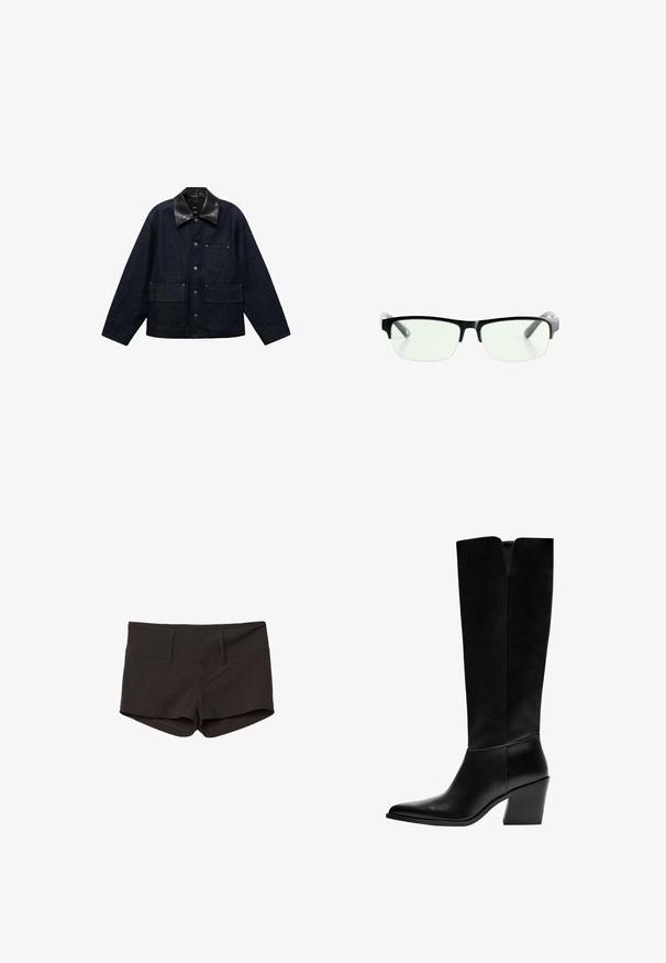Mörk denimjacka med krage i svart läder, med framknäppningar med tryckknappar, två stora framfickor och en bröstficka.; Svart bomullströja med korta ärmar, rund halsringning och avslappnad passform. Enfärgad design utan mönster eller dekorationer.; Svarta bomullsshorts med en figurnära design, som har en mjuk yta och två framfickor. Midje med medelhög höjd och inga synliga mönster.; Svarta knästövlar i släthet läder, med spetsig tå, blockklack och ett V-format urtag högst upp.; Svarta rektangulära glasögon med klara linser, med eleganta svarta bågar och grå genomskinliga tempelspetsar. Minimalistisk design, utan synlig varumärkeslogotyp.; Svart läderhandväska med slät textur, strukturerad design, dubbla handtag och en silverfärgad låsdetalj i mitten.