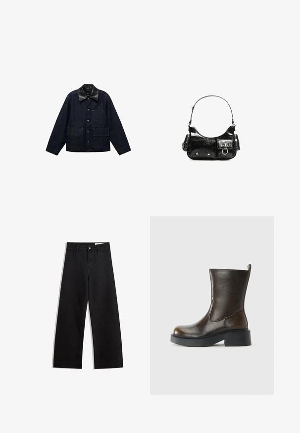 Tumman denim-takki mustalla nahkakauluksella, jossa on edessä nappilukko, kaksi suurta etutaskua ja yksi rintatasku.; Kahvinsävyinen lyhythihainen t-paita, joka on valmistettu pehmeästä kankaasta. Pyöreä pääntie ja rento malli. Ei näkyviä kuvioita tai koristeita.; Mustat leveät farkut korkealla vyötäröllä, joissa on etu- ja takataskut, ommellut saumat ja nappisuljenta. Silkinoinen rakenne.; Tummanruskea keskipituinen nahkasaapas pyöreällä varvaskappaleella, paksulla mustalla pohjalla, matalalla blokkikannalla ja vetotapilla takana.; Mustekko mustasta kiiltonahasta valmistettu käsilaukku, jossa on kaareva muoto, yksi olkahihna, etutaskut ja hopeanväriset yksityiskohdat.