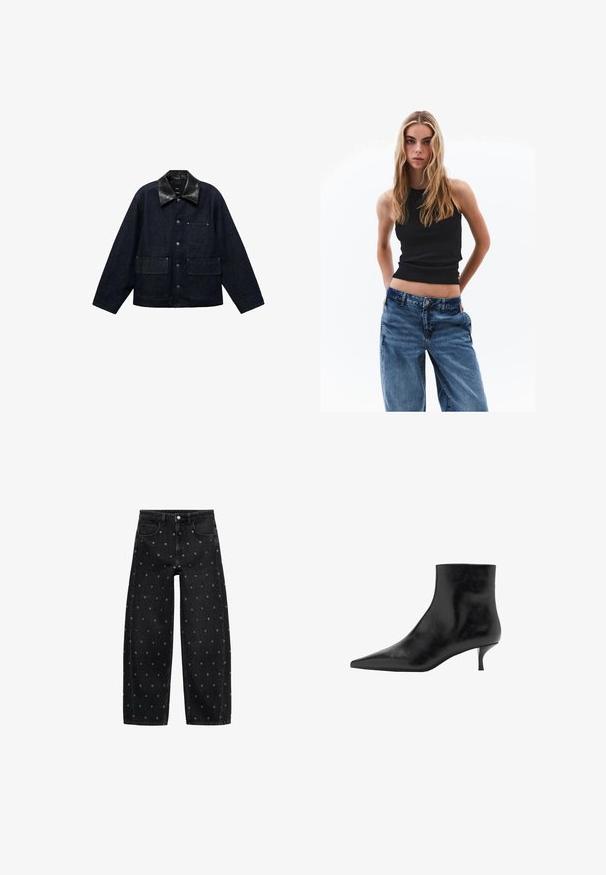 Donkerdenimjack met een zwarte leren kraag, voorzien van drukknopen aan de voorkant, twee grote zakken aan de voorkant en één borstzak.; Zwarte geribbelde tanktop gecombineerd met losse blauwe spijkerbroek. De spijkerbroek heeft een klassiek vijf-pocket ontwerp en een knoopsluiting.; Zwarte denim wide-leg jeans met een patroon van kleine zilveren oogjes, met een klassieke vijf-pocket design en een knoopsluiting aan de voorkant.; Zwarte leren enkelboot met een puntige neus, slanke kittenhak en een gladde textuur. Eenvoudig ontwerp, geen decoratieve accenten.