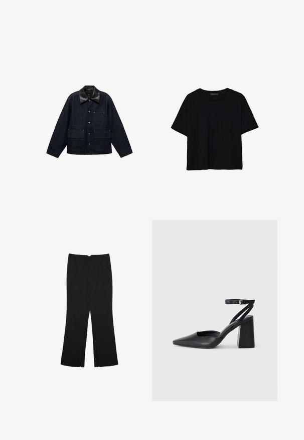 Dunkelblaue Jeansjacke mit schwarzen Lederkragen, ausgestattet mit vorderen Druckknopfverschluss, zwei großen vorderen Taschen und einer Brusttasche.; Schwarzes T-Shirt mit kurzen Ärmeln aus Baumwolle. Verfügt über einen runden Ausschnitt und einen lockeren Schnitt mit einer glatten, einfarbigen Textur. Keine sichtbaren Muster oder Akzente.; Schwarze Hose mit geradem Schnitt, ausgestattet mit Fronttaschen und Seitenschlitzen am Saum. Hergestellt aus weichem, glattem Stoff. Geeignet für verschiedene Anlässe.; Schwarze Leder-Pumps mit spitzer Zehe, einem Knöchelriemen und einem blockigen Absatz. Flache Textur, elegantes Design und minimalistische Ästhetik.