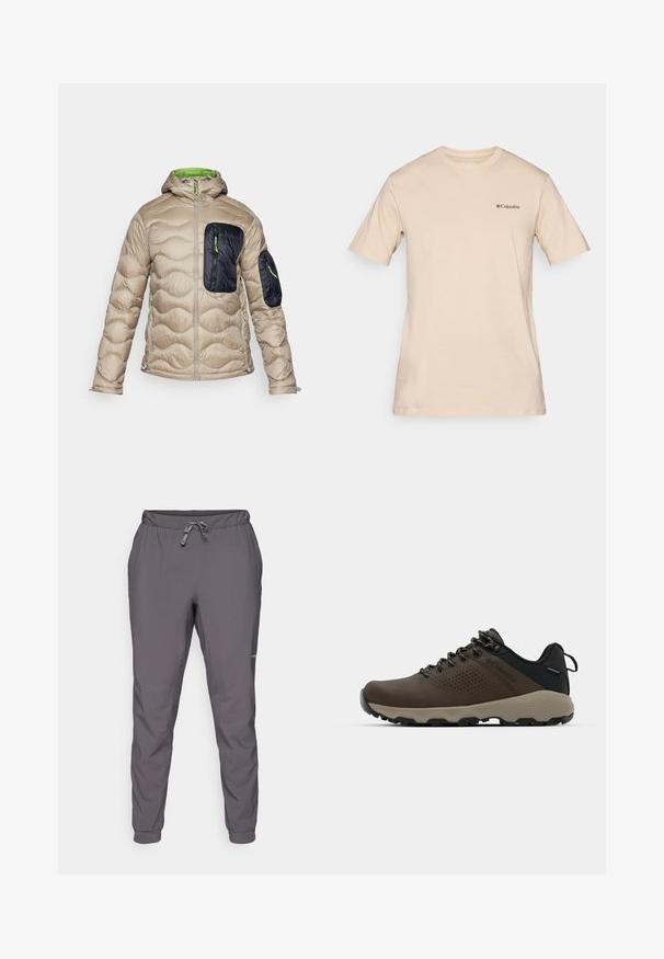 Beige puffy jacket with a fitted hood, dark blue front pocket, green zipper accents, and textured quilted design throughout.; Beige short-sleeve t-shirt made of cotton, featuring a small black Columbia logo on the left chest. Standard crew neck design.; Gray, lightweight, elastic waist pants with adjustable drawstring; tapered legs; smooth texture; includes logo detail on the side.; Brown waterproof sneakers with a textured upper, perforated accents, black heel support, and a grey rubber sole. Laces are styled with metallic ends.