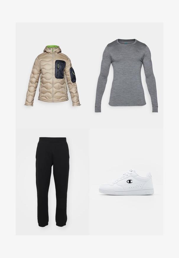 Beige gesteppte Jacke mit grün gefütterter Kapuze, einer schwarzen Reißverschlusstasche auf der Brust und kontrastierenden grünen Akzenten.; Langärmliges graues Shirt aus einem strukturierten, leichten Material mit Rundhalsausschnitt und enganliegendem Schnitt. Kleines Logo-Detail auf der Brust.; Schwarze Sweatpants aus einem Baumwollmischgewebe, mit elastischem Taillenbund, schmal zulaufenden Beinen und gerippten Bündchen an den Knöcheln. Einfaches Design, keine Muster.; Weißes sportliches Sneakerpaar mit glattem, synthetischen Obermaterial, schwarzem Logo-Akzent und perforierten Details an der Seite. Gummisohle.