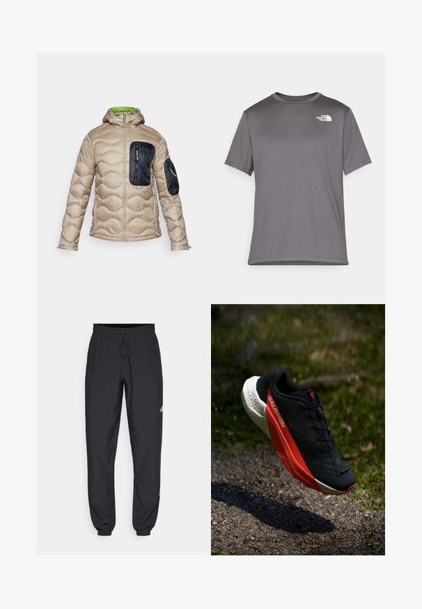 Bežna napihnjena jakna s prilegajočo kapuco, temno modrim sprednjim žepom, zelenimi zadrgami in teksturiranim prešitim dizajnom po celotni jakni.; Sivina športna majica s kratkimi rokavi, izdelana iz gladkega, lahkega materiala. Ima beli logo na levem prsnem predelu. Oblika okroglega ovratnika.; Črne atletske hlače iz lahkega materiala, ki imajo elastični pas z vezalko, stranske žepe in zožene manšete na gležnjih.; Črne tekaške čevlje z rdečimi poudarki, lahka mrežasta zgornji del, strukturirana bela podplat in sistem vezalk. Zasnovani za zmogljivost in udobje.