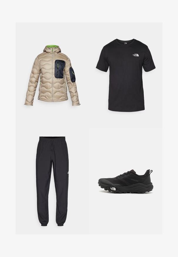 Veste matelassée beige avec une capuche doublée de vert, équipée d'une poche zippée noire sur la poitrine et des accents verts contrastants.; T-shirt noir à manches courtes en coton, avec un col rond et un petit logo blanc sur le côté supérieur gauche de la poitrine.; Pantalon de sport noir en tissu léger, avec une taille à cordon, des poches latérales et des chevilles resserrées.; Chaussure de trail running noire avec une tige texturée, semelle en caoutchouc et bout renforcé. Présente un col rembourré et une tirette pour un enfilage facile.
