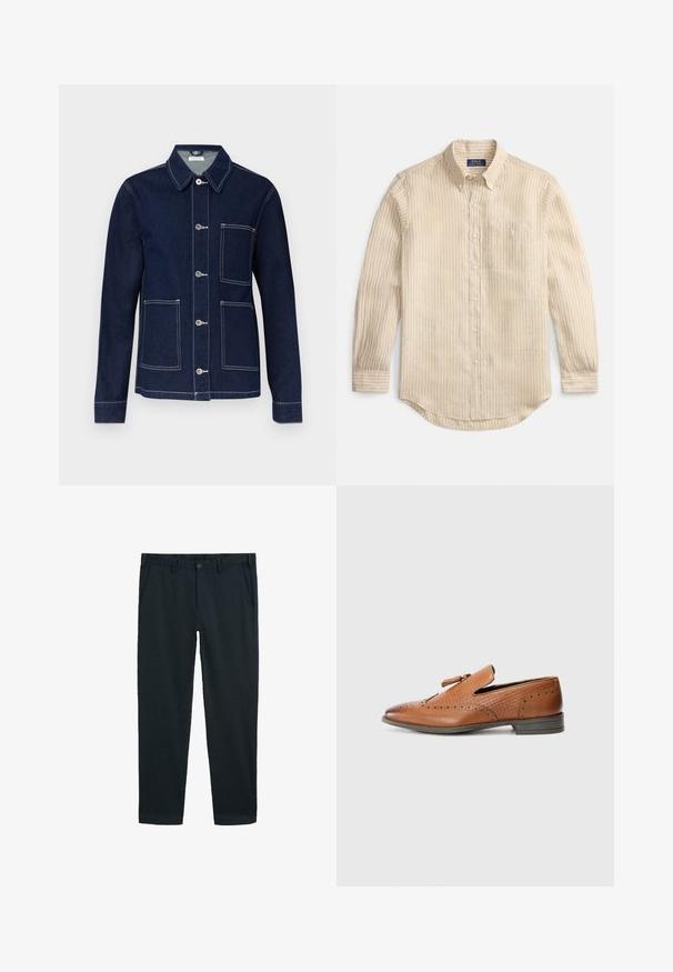 Ciemnoniebieska dżinsowa kurtka z zapięciem na guziki, spiczastym kołnierzem, czterema naszytymi kieszeniami oraz kontrastowymi białymi szwami.; Beżowa koszula na długi rękaw z pionowymi białymi paskami, kołnierzykiem zapinanym na guziki, kieszenią na piersi oraz metką "Polo Ralph Lauren" wewnątrz kołnierza.; Granatowe chinosy wykonane z mieszanki bawełny, z płaskim przodem, dwiema bocznymi kieszeniami i jedną tylną kieszenią. Klasyczny krój prostych nóg.; Brązowy skórzany but z perforowanymi detalami, teksturowanymi bokami, płaską podeszwą i dekoracyjną kokardą na cholewce. Klasyczny design z gładkim wykończeniem.