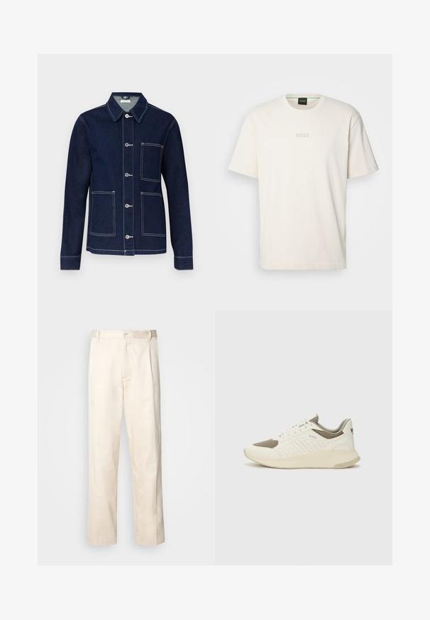 Casaco de ganga escuro com fecho frontal por botões, colarinho pontudo, quatro bolsos de remendo e costuras brancas em contraste nas seemas.; BOSS TEE - T-shirt básica - open white; Calças de algodão bege com corte reto, apresentando um fecho de botão e pregas na frente para um detalhe adicional.; Sapatilha atlética branca e bege claro, com parte superior em malha, detalhes perfurados e uma entressola texturizada com marcação no calcanhar.