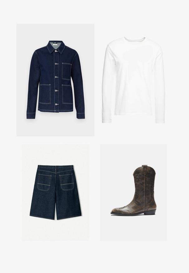 Dunkelblaue Jeansjacke mit durchgehender Knopfleiste, spitzem Kragen, vier aufgesetzten Taschen und kontrastierenden weißen Nähten an den Nähten.; Langärmliges, weißes T-Shirt aus weicher Baumwolle. Rundhalsausschnitt mit geraden Saumabschlüssen und ohne sichtbare Muster oder Grafiken.; Kurzärmliges Hemd mit Knopfleiste in hellblauen und weißen Streifen, mit einem auffälligen roten grafischen Design, das einen Stern und kreisförmige Formen umfasst.; Dunkelblaue Jeansshorts mit lockerer Passform, ausgestattet mit zwei Gesäßtaschen mit kontrastierenden Nähten. Gerader Schnitt und knielange Gestaltung.; Braune Leder-Cowboystiefel mit hohem Schaft, spitzem Zehenbereich, aufwendigen Stickmustern und kleinem Absatz. Strukturierte Oberflächenbeschaffenheit.