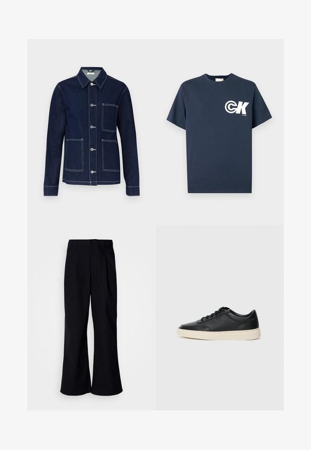 Chaqueta de mezclilla oscura con frontales abotonados, cuello puntiagudo, cuatro bolsillos de parche y costuras en blanco contrastantes.; Camiseta azul marino de manga corta con cuello redondo, con logo CK blanco y texto "Calvin Klein" en el pecho izquierdo.; Pantalones de pierna ancha negros de algodón con un pliegue frontal, que presentan un cierre de botón y pasadores para cinturón, con una textura suave y sin patrones visibles.; Zapatilla negra de piel de caña baja con cordones negros y suela color crema, mostrada en perfil lateral sobre fondo blanco.