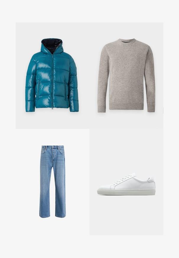 Giacca a vento teal con superficie lucida, cappuccio, chiusura a zip e due tasche laterali. Design trapuntato con pannelli cuciti in tutto.; Maglione a maglia grigio chiaro con scollatura rotonda, maniche lunghe e polsini e orlo a costine. Motivo testurizzato con macchie di colore.; Jeans in denim blu chiaro con design a gamba dritta, cinque tasche, chiusura con bottone, leggero sbiadimento e dettagli di cucitura a contrasto.; Sneaker bianco con tomaia in pelle liscia e profilo basso. Presenta una punta arrotondata, sei occhielli e una suola in gomma testurizzata.