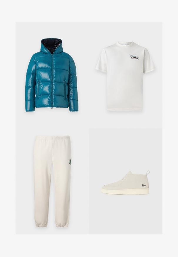 Casaco acolchoado teal com uma superfície brilhante, capuz, fecho de zip e dois bolsos laterais. Design acolchoado com painéis cosidos por todo o lado.; T-shirt de algodão branco com decote redondo, mangas curtas e um pequeno logótipo bordado apresentando montanhas e texto no lado esquerdo do peito.; Sweatpants beige claros feitos de algodão, com um cós elástico, punhos canelados e um logótipo verde com desenho de folha na perna esquerda.; Botas de tornozelo de camurça cinza claras com bico redondo, sola de borracha branca e um discreto detalhe do logo na lateral. Apresenta fecho com cordões.