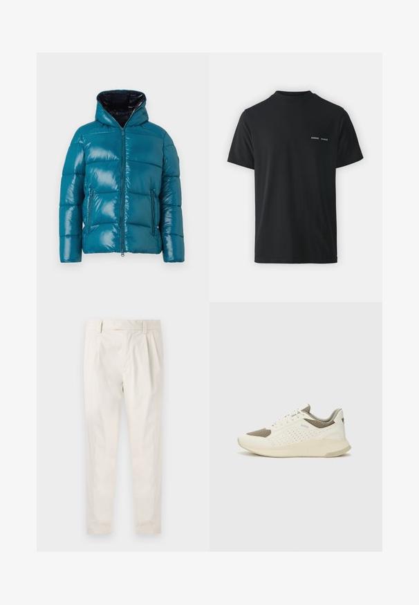 Sügavsinine puffjakker läikiva pinnaga, kapuutsiga, lukuga ja kahe küljetaskuga. Tikitud disain, kus on throughout õmmeldud paneelid.; Must must t-särk klassikalise ümmarguse kaelusega, lühikeste varrukatega ja vasakul rinnal kaks väikest valget "SAMSØE" logo.; Valged volditud püksid, mis on kohandatud sobivusega, sujuva tekstuuriga, vööloopidega ja kitsenevate jalgadega. Pole nähtavaid taskuid ega mustreid.; Valge ja heledat beeži värvi spordijalats, millel on õhuke võrkmaterjal, perforatsioonidega detailid ning tekstuuriga vahetald, millel on brändi logo kannaosas.