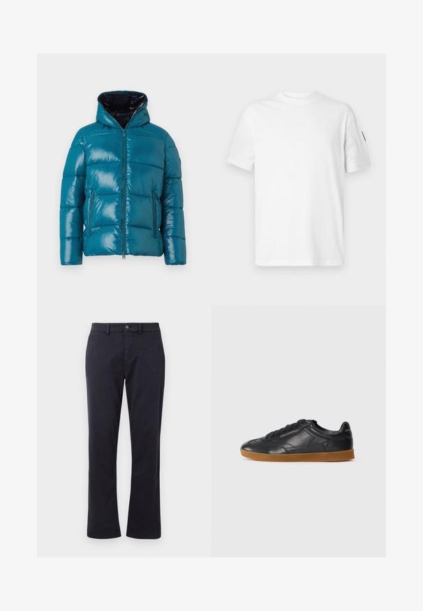 Türkiz pufi dzseki fényes felülettel, kapucnival, cipzáras zárással és két oldalsó zsebbel. Tűzött kialakítással, varrott panellel az egész felületen.; Fehér pamut póló rövid ujjakkal és kerek nyakkivágással. Bal ujján egy kis fekete logó található. Sima textúrájú, normál szabású.; Sötét tengerészkék, egyenes szabású nadrág övhurkokkal és elülső gombos zárással, fehér háttér előtt bemutatva.; Fekete bőr sneaker kerek orral, fűzős elejével és kontrasztos gumi talppal. Oldalán és hátulján dombornyomott márkázott logó található.