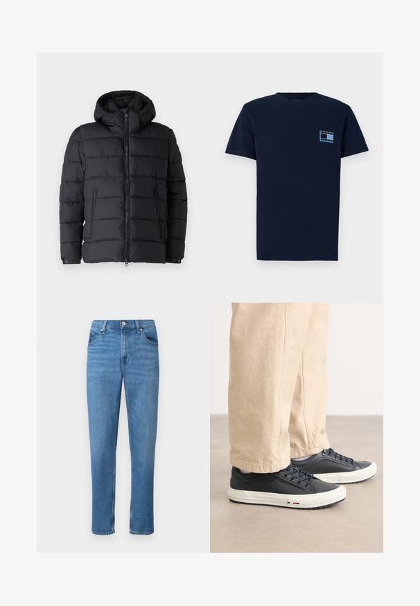 Melnā pūkainā jaka ar kapuci, horizontālu izšūšanu, divām ar rāvējslēdzējiem aizveramām kabatām un priekšējo rāvējslēdzēja aizdari. Gluda tekstūra.; Jūras zila kokvilnas T-krekls ar īsām piedurknēm, uz kura ir neliels krūšu grafiks gaiši zilā un baltā krāsā ar uzrakstu "TOMMY JEANS". Klasiskā piegriezne.; Zilas džinsa bikses ar taisnu kāju dizainu, kurām ir klassiskā piecu kabatu stils, priekšējā pogu aizdare un smalki nodiluma efekti.; Tumši zili sporta apavi ar gludu ādas augšdaļu, balto gumijas zoli un detaļām izšūtām šņorēm. Saldināti ar bēšiem, brīvi pieguļošiem biksēm.