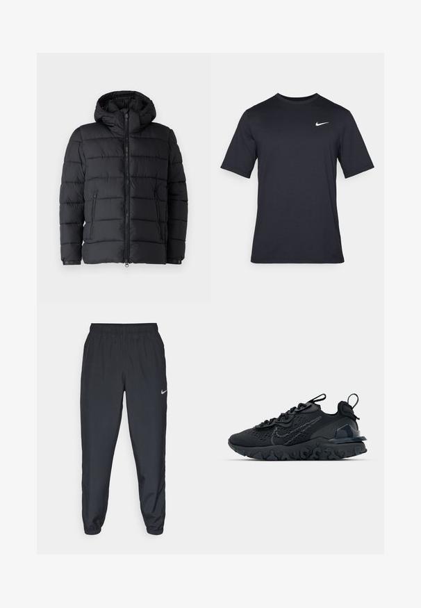 Jachetă puffer neagră cu glugă, design cu quilturi orizontale, două buzunare cu fermoar și închidere frontală cu fermoar. Textură netedă.; Tricou Nike negru cu mânecă scurtă, confecționat dintr-un material neted, având un logo alb în formă de swoosh pe partea stângă sus, cu guler rotund.; Pantaloni sport negri dintr-un material ușor, cu un band elastic la talie, mansete la glezne și un logo Nike discret pe partea stângă.; Pantofii sport negri au un superior din plasă respirabilă, accente texturate și o talpă din cauciuc ondulată. Prezintă un logo reflectorizant și un sistem de șirete.