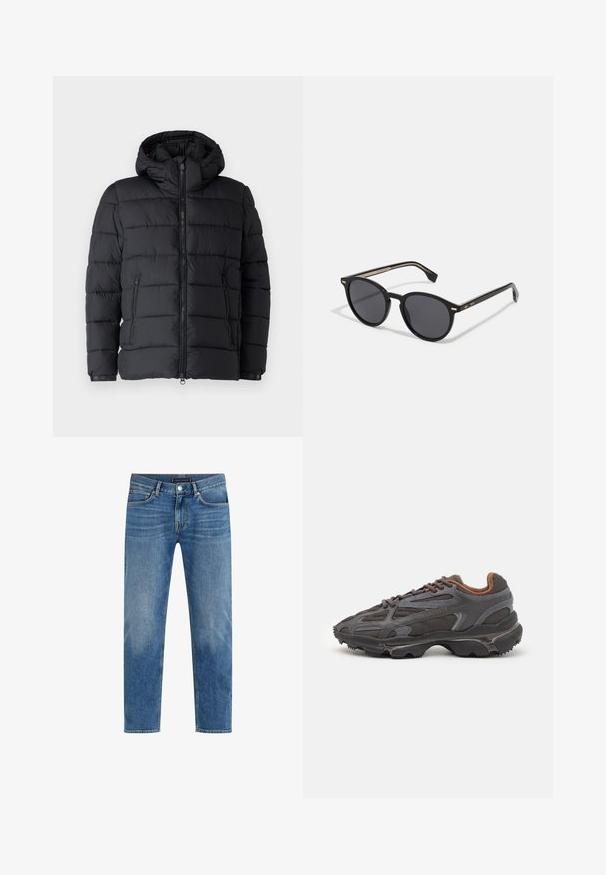 Zwarte pufferjack met een capuchon, horizontaal gestreept ontwerp, twee met rits afsluitbare zakken en een rits aan de voorkant. Gladde textuur.; Rode katoenen T-shirt met korte mouwen, ronde hals en een klein logo op de linkerborst. Gladde textuur en normale pasvorm.; Lichtblauwe denim jeans met een rechte pijpdesign, vervaagde wassing, vijfzakkenstijl, contrasterende stiksels en een frontale knoopsluiting.; Lacoste sneakers in donkergrijs van mesh en synthetisch materiaal, met een gestructureerde zool en bruine accenten op de kraag en branding.; BOSS Zonnebril - black