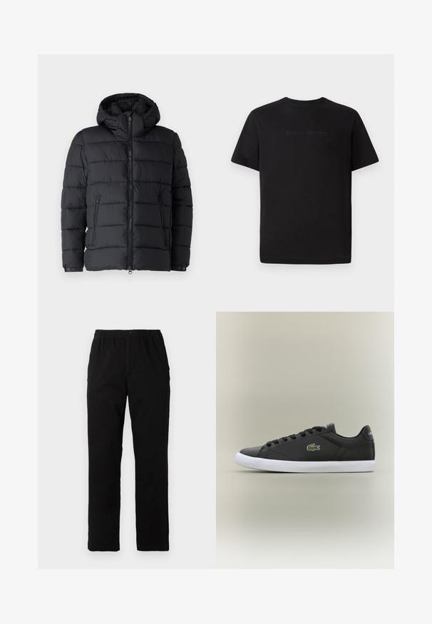 Giubbotto imbottito nero con cappuccio, design a righe orizzontali, due tasche con zip e chiusura frontale con zip. Texture liscia.; Lacoste T-shirt basic - black; Pantaloni neri realizzati in un tessuto misto cotone, caratterizzati da un taglio dritto, vita elastica con bottone e senza motivi o dettagli visibili.; Sneaker nere in pelle con suola in gomma bianca, dotate di logo verde a forma di coccodrillo e lacci rotondi, design elegante con texture liscia.