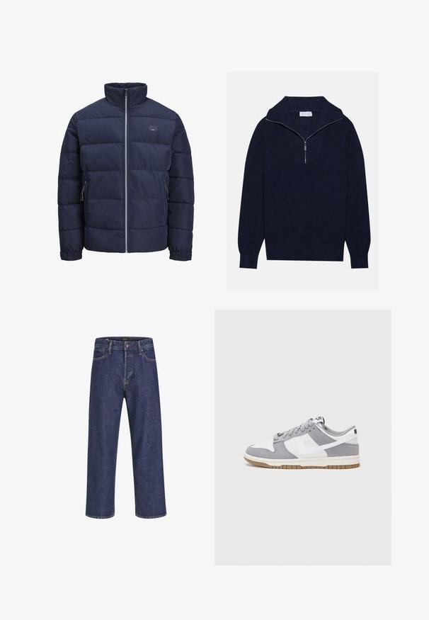 Navy puffer jacket with a high collar, quilted design, front zipper, and two zippered side pockets. Soft, smooth texture.; Navy blue knit sweater with a half-zip collar, featuring ribbed texture and a V-shaped design on the front. Long sleeves and fitted hem.; Dark blue denim jeans with a straight cut, five-pocket design, metal button closure, and contrasting stitching, featuring a subtle texture.; Gray and white sneaker with a suede and leather upper, rounded toe, flat laces, and a rubber sole featuring a gum accent.