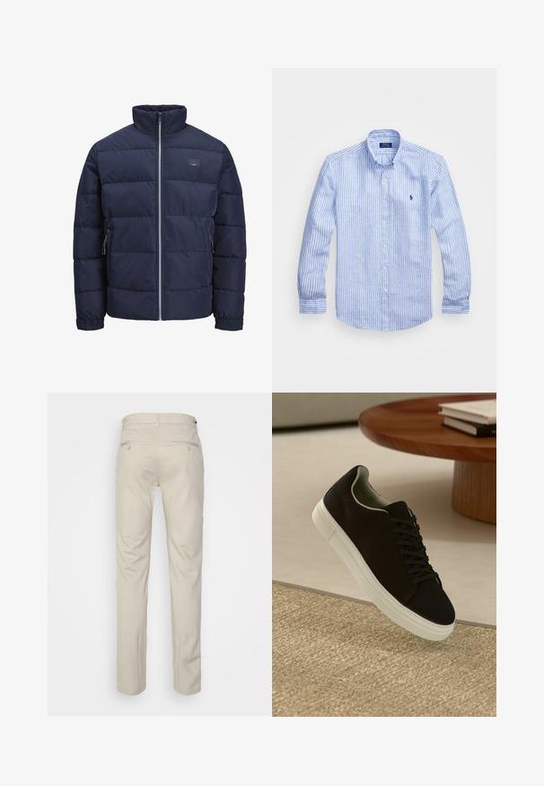 Tumši zilas krāsas pūkains mētelis ar augstu apkakli, sadrukāta dizaina, priekšējo rāvējslēdzēju un divām rāvējslēdzēja sānu kabatām. Mīksta, gluda tekstūra.; Zila un baltā svītru garām piedurknēm krekls izgatavots no kokvilnas, ar pogājamu apkakli, priekšējām pogām un nelielu izšūtu logotipu uz krūtīm.; Bežīgas bikses ar gludu tekstūru, taisnas kājas, divas aizmugurējās kabatas ar pogām un standarta jostas vietu.; Melni sporta apavi ar baltu zoli, kas peld virs bēša tekstūrēta paklāja netālu no apaļa koka galda ar sakrautiem grāmatām.