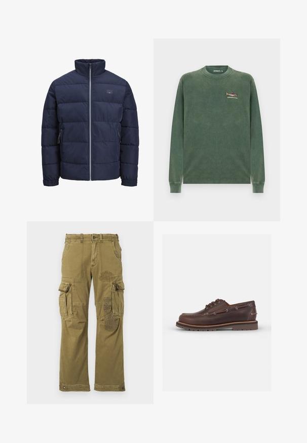 Navy pufferjakke med høy krage, quiltet design, frontglidelås og to glidelåslommer på sidene. Myk, glatt tekstur.; Grønn langermet sweatshirt laget av myk bomull. Har et lite brodert fiskemotiv på venstre brystområde. Klassisk rund hals.; Langermet rutet skjorte i lilla og rosa toner, med krage og svarte knapper, laget av mykt stoff med en glatt tekstur.; Olivengrønne cargo-bukser med flere lommer, med et mønstret patch på højre ben og forstærket syning. Casual pasform og stoftekstur.; Brune lærbåtsko med rund tå, seks hull, kontraststing, og en teksturert gummisåle.