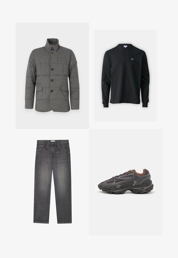 Gray padded jacket with a stand-up collar, button front, two side pockets, and an upper chest pocket. Fabric has a textured finish.; Black long-sleeve t-shirt made of cotton, featuring a round neckline and a small green embroidered crocodile logo on the left chest.; Dark gray denim jeans with a straight cut, featuring five pockets, a front button closure, and subtle fading across the fabric.; Lacoste sneakers in dark gray with mesh and synthetic material, featuring a textured sole and brown accents on the collar and branding.