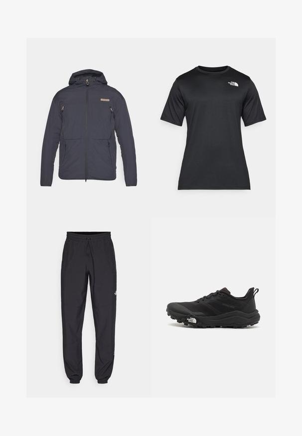 Dark navy lightweight jacket with a hood, featuring a zip front, two front pockets, and a small logo on the chest. Textured fabric.; Black short-sleeve t-shirt made of lightweight, moisture-wicking fabric. Features a white logo on the left chest and a crew neckline.; Black athletic pants made from lightweight fabric, featuring a drawstring waistband, side pockets, and tapered cuffs at the ankles.; Black trail running shoe with a textured upper, rubber sole, and reinforced toe cap. Features a padded collar and pull tab for easy wear.