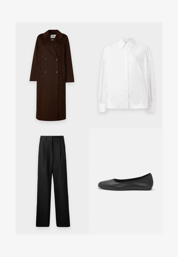 IVY OAK CLARA - Cappotto classico - chocolate; Camicia bianca a maniche lunghe con bottone in un morbido mix di cotone. Presenta un colletto classico, chiusura frontale con bottoni e polsini arrotondati.; Pantaloni larghi neri con una texture liscia, caratterizzati da pieghe frontali e un design a vita alta. Realizzati in un tessuto leggero.; Pantofole da balletto nere in pelle con punta arrotondata, texture liscia, dettagli di cucitura minimi e design con suola flessibile.