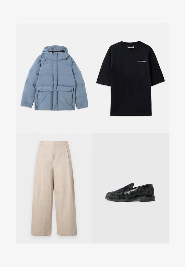 Gaiši zils pūšamais mētelis ar kapuci, kuram ir priekšējais rāvējslēdzis, divas lielas priekšējās kabatas un gluda, quilted tekstūra.; Melna kokvilnas T-kreklu ar īsām piedurknēm, arapa kaklu un mazu baltu "HOLZWEILER" logo priekšpusē, ar brīvu piegriezumu.; Holzweiler ALEX ONE PLEAT TROUSER - Auduma bikses - ecru; Melnas austas slaidu kurpes ar gludu ādas akcentu augšpusē, apaļas formas purngalu un zemas profila gumijas zoli.