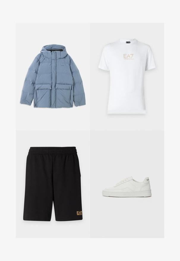 Svijetloplava puffer jakna s kapuljačom, koja ima prednji zip, dvije velike prednje džepove i glatku, quilted teksturu.; Bela bombažna majica s krožnim izrezom in kratkimi rokavi, s pozlačenim logotipom EA7 Emporio Armani natisnjenim spredaj.; Črne športne kratke hlače iz mehkega blaga, z elastičnim pasom in majhnim rumenim logotipom EA7 na spodnjem levem delu noge.; Bela usnjena športna obutev z gladko površino, okroglo prst, ravne vezalke in teksturiran podplat. Ima diskretno logo na peti.