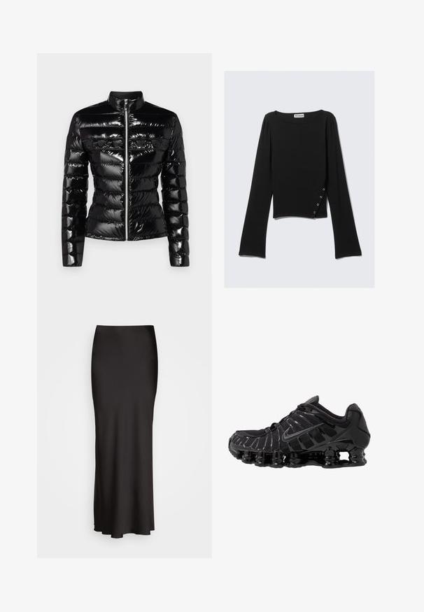 Svart puffjacka med en glansig yta, dragkedjestängning och horisontellt quiltat mönster. Har en hög krage och dekorativa detaljer.; Svart långärmad topp i ett slätt tyg, med båtformad halsringning, cropped längd och sidodetalj med silverspännen.; Svart, golvlång satinkjol med en slät textur, figurnära midja och A-linjeformad silhuett, utan synliga dekorationer eller mönster.; Svart sportskor med ovandel i mesh och blanka detaljer. Har böjliga fjädrar för dämpning och texturerade linjer på sidan. Nike-logotypen är synlig.