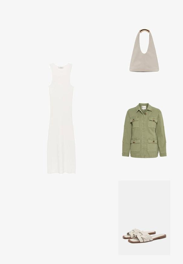 Olivově zelená bunda vyrobená z bavlněné směsi, s předním zapínáním na knoflíky, čtyřmi kapsami a klasickým límcem. Texturovaný povrch látky.; Bílé, bezramenní, žebrované pletené šaty s přiléhavým siluetou, dosahujícími pod kolena. Jednoduchý a minimalistický design, bez vzorů nebo kovových detailů.; Světle béžové skluzné sandály s pletenými popruhy, s plochou podešví a minimalistickým designem. Hladký povrch s jemnými barevnými kontrastními akcenty.; Světlá šedá kožená taška s U-tvarovaným designem a zakřivenou kovovou rukojetí. Hladký povrch s minimálním šitím a bez viditelných vzorů.