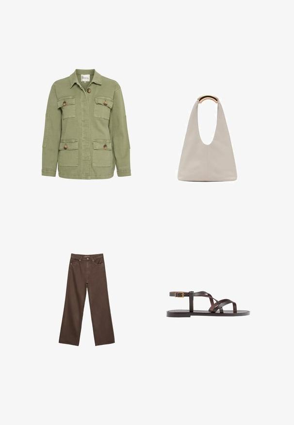 Olive zelená bunda vyrobená z bavlneného zmesi, s predným zapínaním na gombíky, štyrmi vreckami a klasickým golierom. Žakárová tkanina.; Hnedé tričko s krátkym rukávom vyrobené z jemného materiálu, s okrúhlym výstrihom a voľným strihom. Žiadne viditeľné vzory ani akcenty.; Džínsy s širokými nohavicami v hnedej farbe, vyrobené z denimu, so zvýšeným pásom, prednými vreckami a klasickým zapínaním na gombík. Hladká textúra s jemným prešívaním.; Hnedé kožené sandály s krížovými popruhmi, uzatváraním na pracku okolo členku a plochou podrážkou s minimálnymi ševmi.; Svetlosivá kožená taška s U-tvarom a zakrivenou kovovou rukoväťou. Hladký povrch s minimálnym prešívaním a bez viditeľných vzorov.