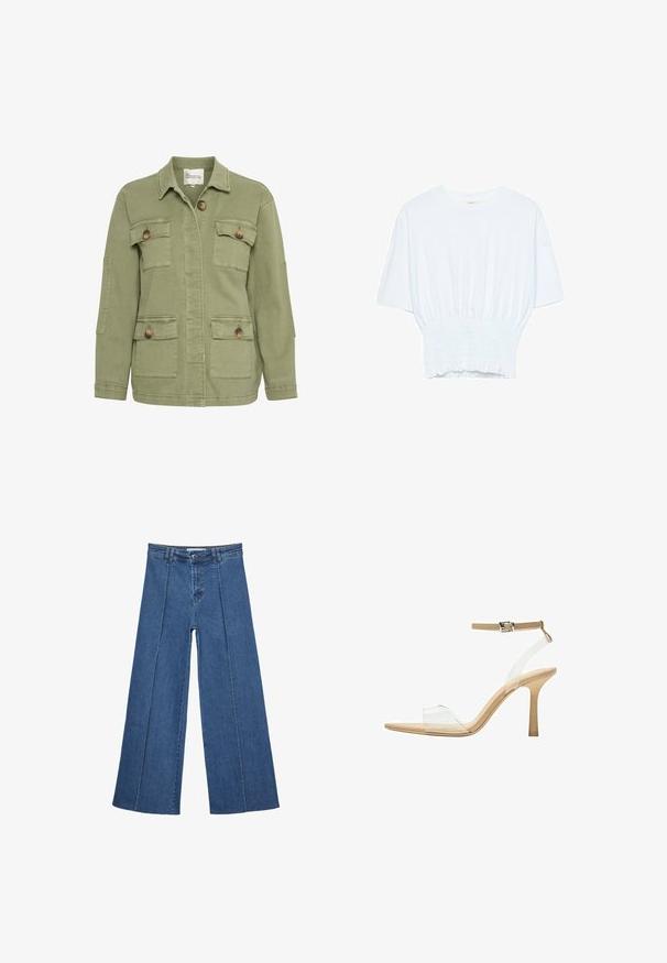 Oliivinvihreä takki, joka on valmistettu puuvillasekoitteesta, ja siinä on edessä nappikiinnitys, neljä taskua ja klassinen kaulus. Pintakuvioitu kangas.; Valkoinen lyhythihainen t-paita, jossa on rento leikkaus ja frillattu tekstuuri vyötäröllä. Valmistettu pehmeästä, kevyestä kankaasta.; Korkeat vyötäröiset, keskisiniset, leveiden lahkeiden denim-farkut, joissa on nappikiinnitys ja kontrastiväriset pystysaumadetaileja edessä.; Kirkas korkokenkä läpinäkyvällä varrella, beigellä pohjalla ja hoikalla nilkkahihnalla. Ominaisuuksiin kuuluu terävä kärki ja ohut korkea korko.