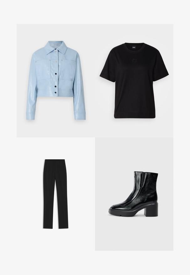 Giacca in ecopelle blu chiaro, taglio cropped, con colletto a punta, due tasche sul petto, bottoni a pressione argentati e maniche lunghe con polsini abbottonati.; Maglietta in cotone nera con scollatura tonda, maniche corte e logo ricamato sul petto. Design semplice e vestibilità rilassata senza motivi.; Pantaloni neri su misura con un design a gamba dritta, dotati di tasche frontali e un tessuto liscio e strutturato. Dettagli ordinati e minimalisti.; Stivali alla caviglia in pelle verniciata nera con punta curva, pannelli laterali elasticizzati e tacco robusto. Presentano un logo impresso sul retro.