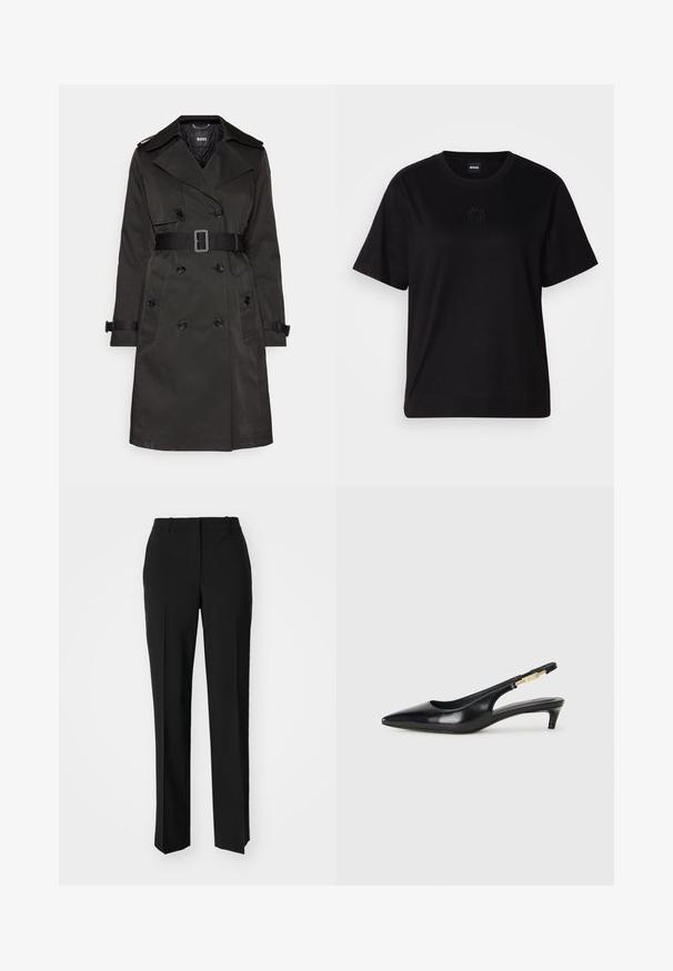 Tamnozeleni trench kaput s dvostrukim gumbom, epauletima na ramenima, strukom s remenom i dva prednja džepa. Glatka tkanina.; Crna pamučna majica s okruglim izrezom, kratkim rukavima i izvezenim logotipom na prsima. Jednostavan, opušten kroj bez uzorka.; Crne krojene hlače ravnog kroja, s glatkom teksturom i oštrim pregibima naprijed. Bez vidljivih metalnih dijelova.; Crne kožne sandale s petom, s izduženim vrhom, imaju usku petu i zlatni akcent na podesivoj traci. Glatka tekstura.