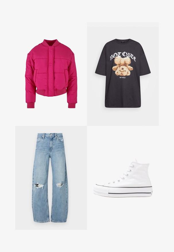 Gaiši rozā kroptā pūšamā jaka ar apaļu kaklu, ribotiem piedurknēm un priekšu ar aizdari. Iespējamie quilted paneļi un gluda tekstūra.; Melna, pārmērīga t-kreklu, kurā attēlots lācis ar uzrakstu "NAV MIERĪGS, BET VILKIS" treknos baltos burtiem. Izgatavots no kokvilnas materiāla.; Gaiši zili, augstās vidukļa džinsi, kas izgatavoti no denima. Iespējas plašas kājas, divas plēstas ceļa daļas un klasiskā piecu kabatu dizains.; Balti augstie kanvas sporta apavi ar melnu gumijas zoli, priekšējo gumijas purngalu un sešām acīm lencēm, kuriem ir tīrs, minimālistisks dizains.